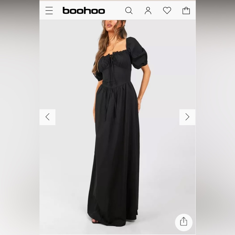 Black Poplin Milkmaid Dress with Puff Sleeves